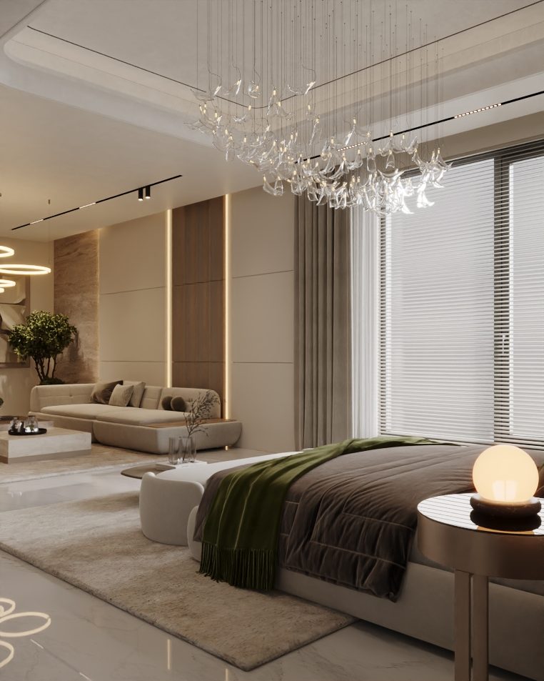 Bedroom with a pendant light and a sculpted bed