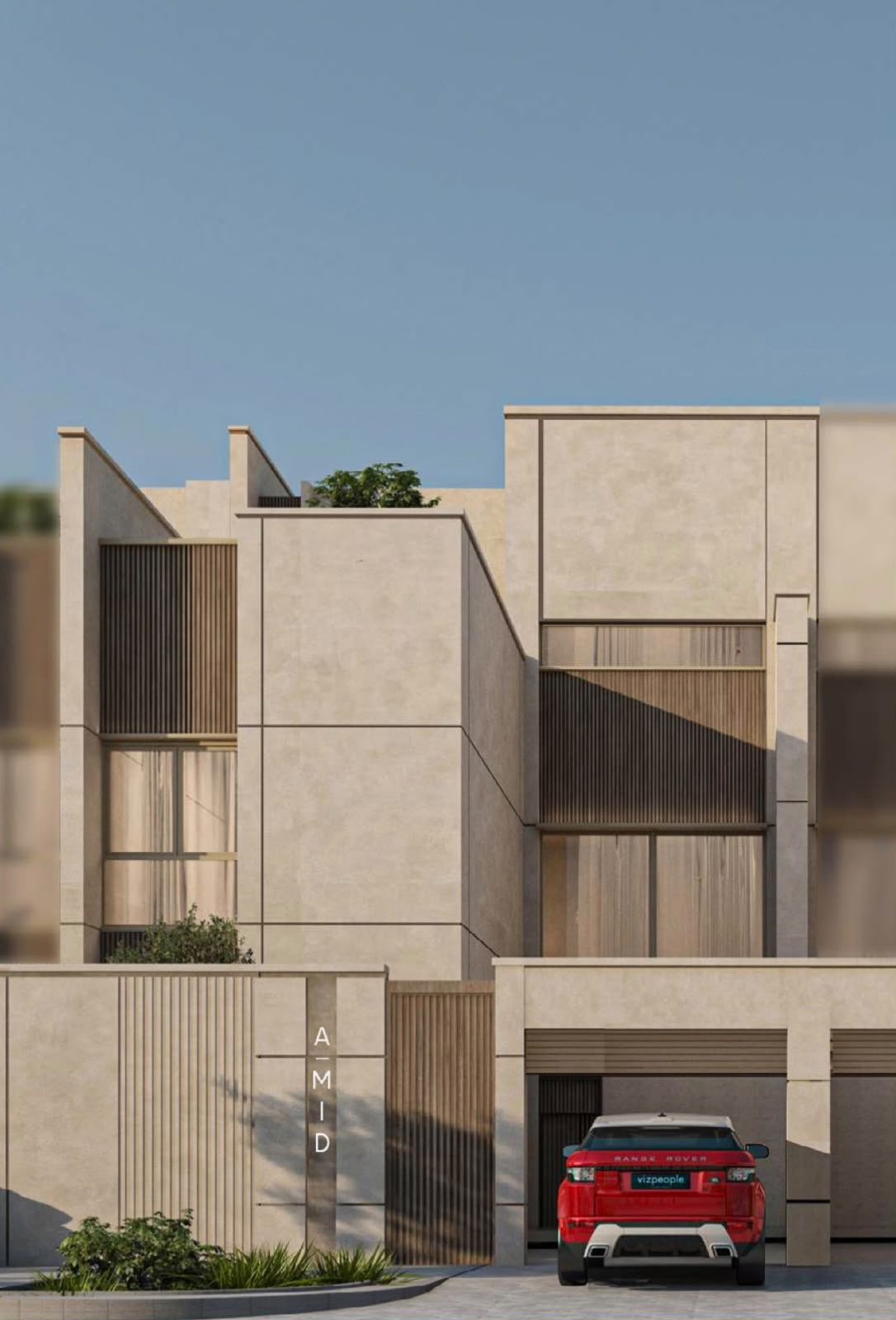 Compound villa street elevation with a stone facade, vertical timber screens and a covered parking bay