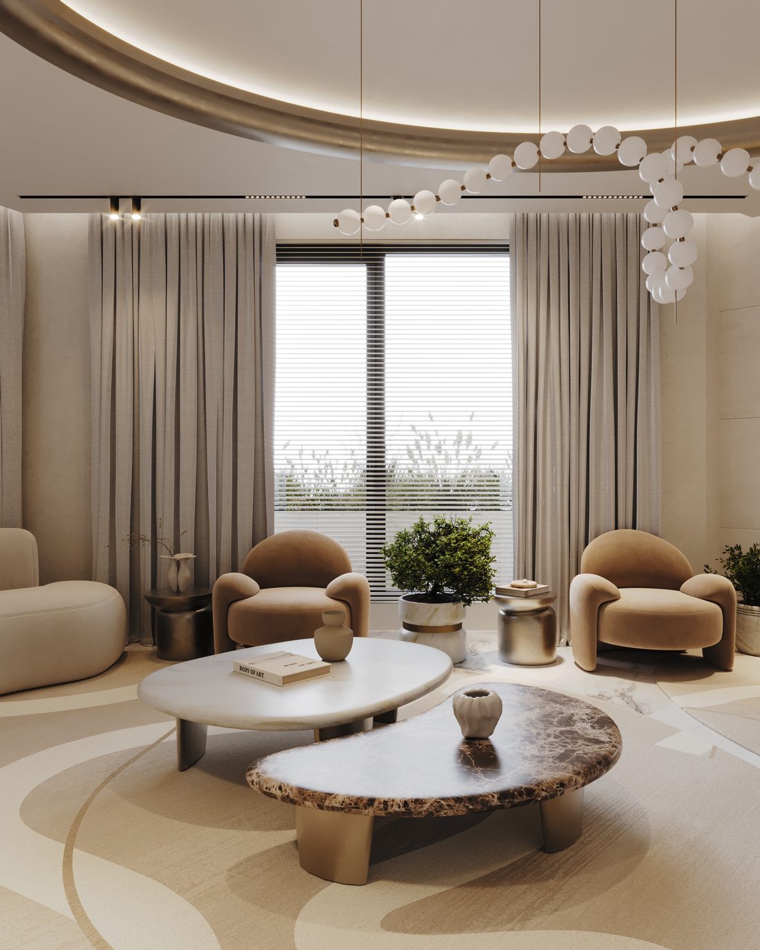 Living room with a sculpted ceiling, pendant chandelier and round coffee tables