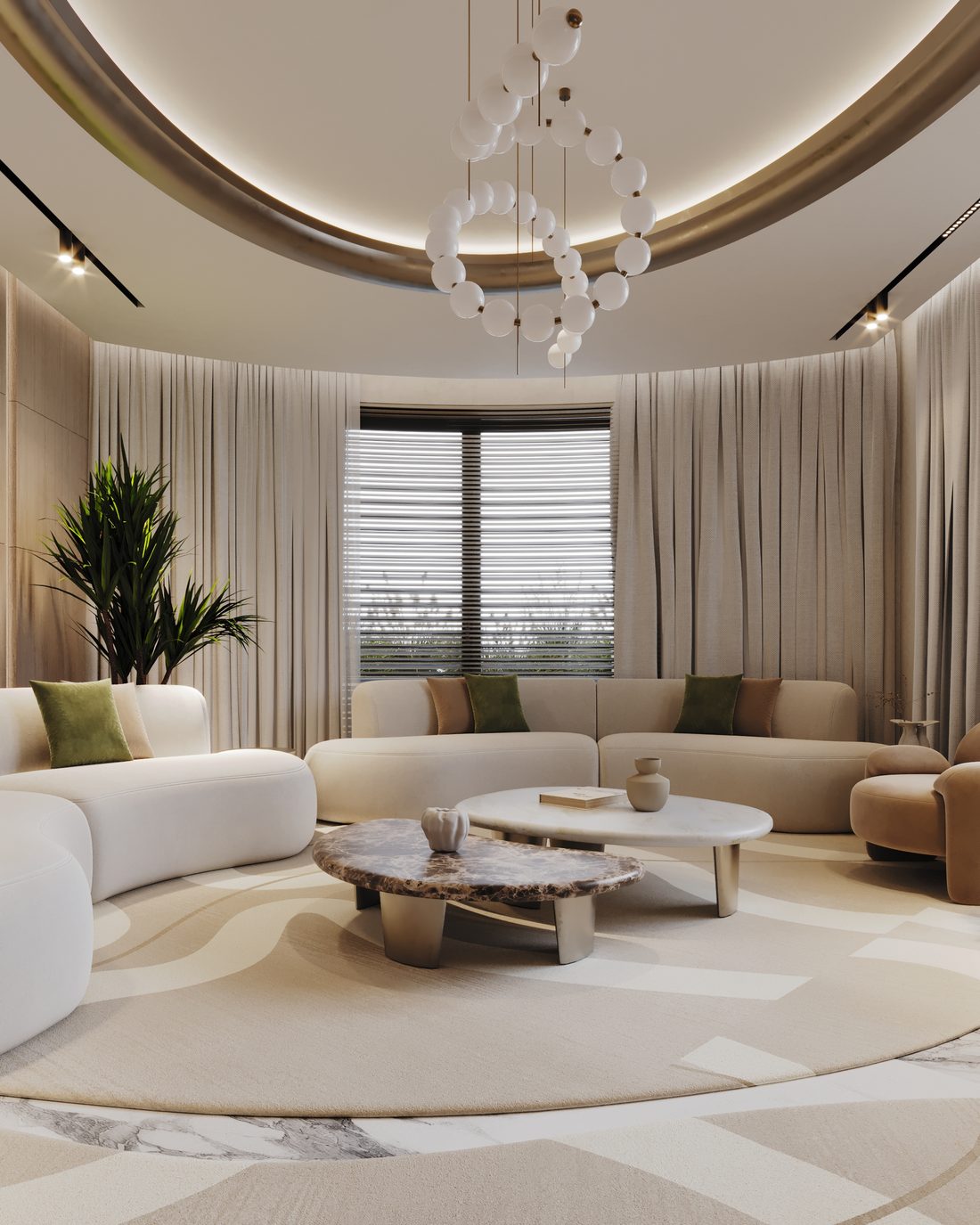 Living room with a cream curved sofa and a marble-top coffee table