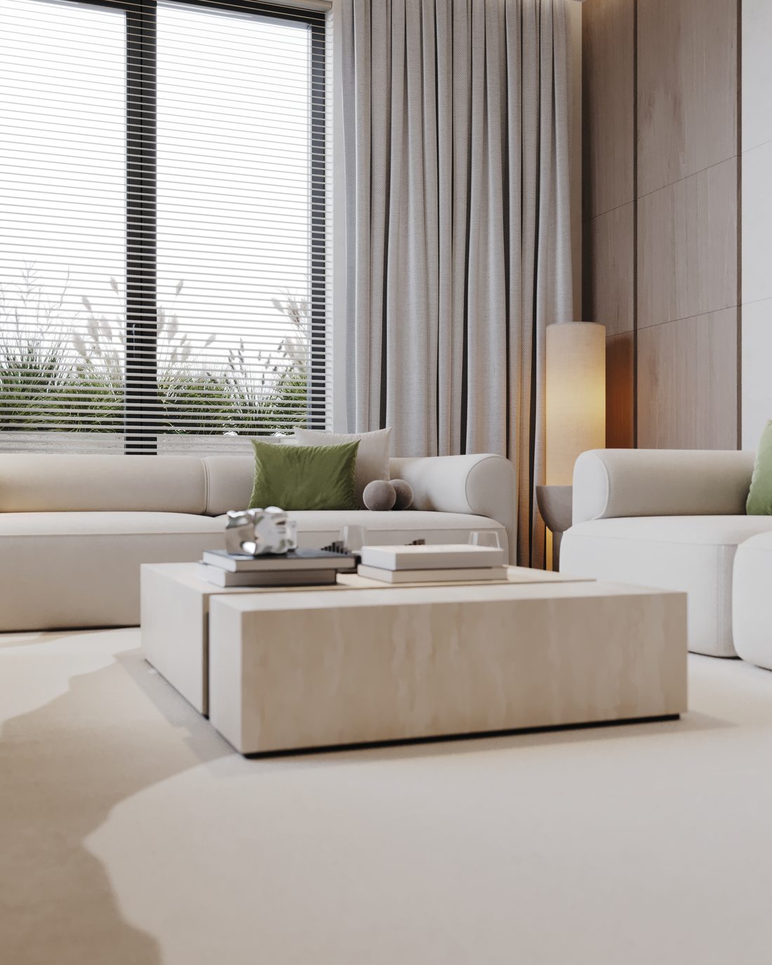 Lounge with a sectional sofa, olive tree and wood-paneled walls