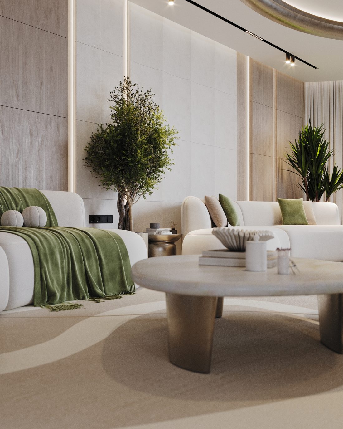 Living room with a white sofa, green cushions and a low stone table