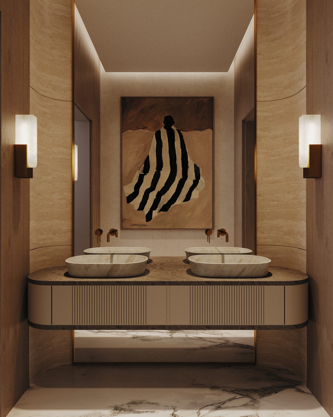 Washroom with twin basins, a framed artwork and warm wall lights